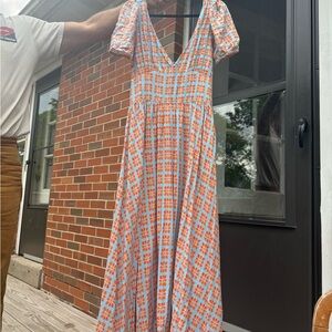Orange and Blue Puff Sleeve V-Neck Sundress